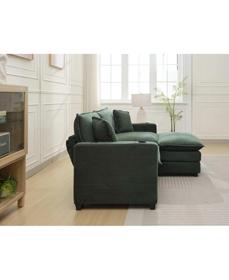 Streamdale Green Corduroy L-Shape Sofa with Usb & Footstool