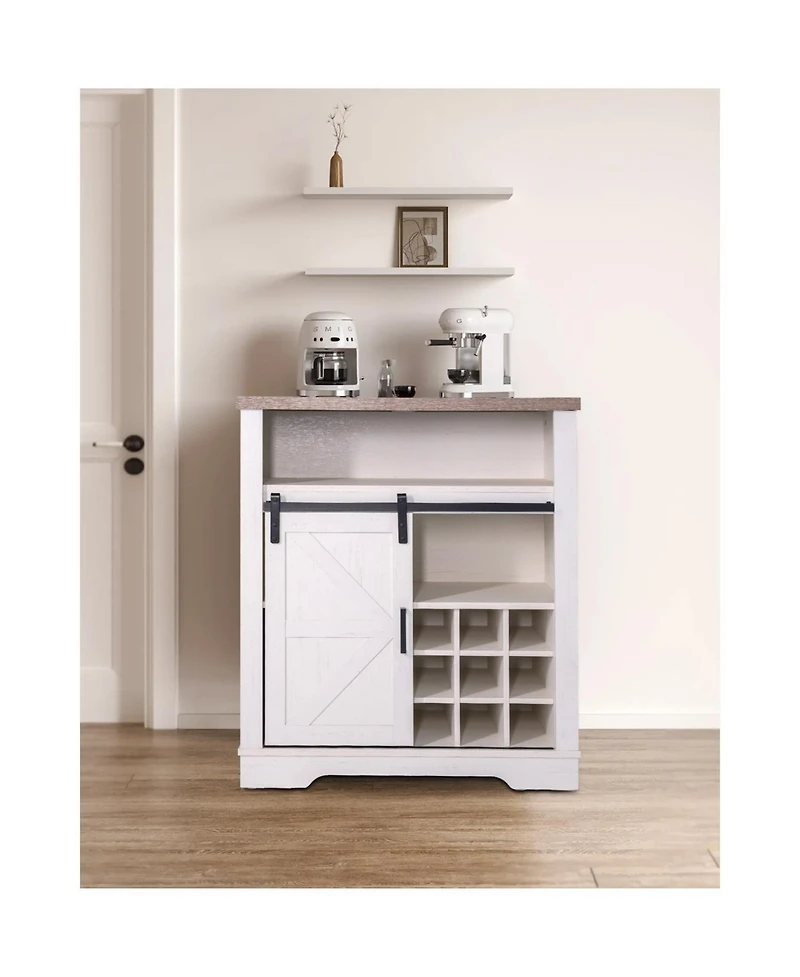 Streamdale Barn Door Cabinet, Wine Shelf, Rustic Oak/White