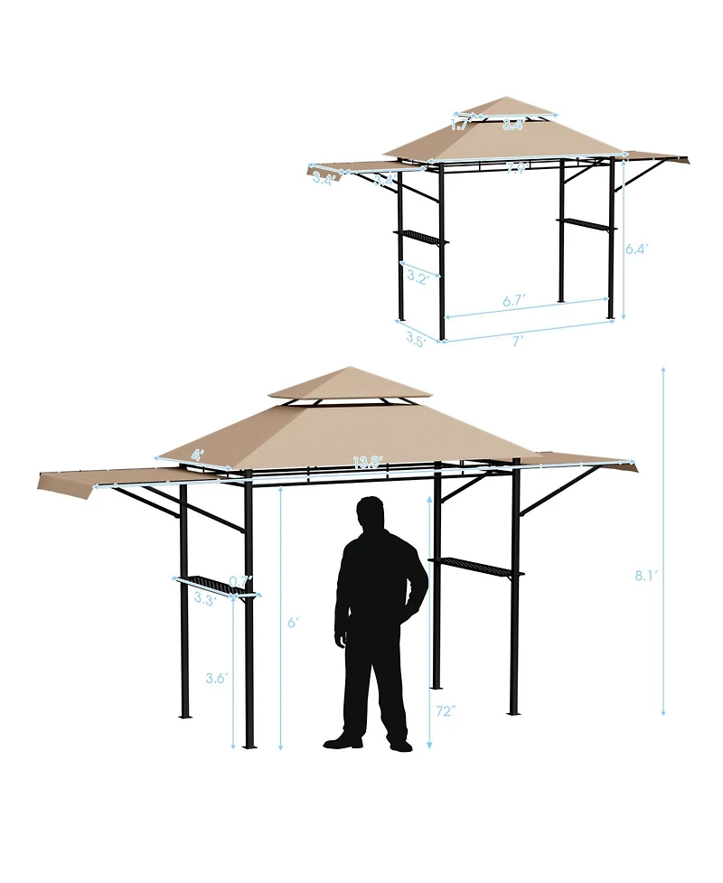 13.5 x 4 Feet Patio Bbq Grill Gazebo Canopy with Dual Side Awnings-Beige