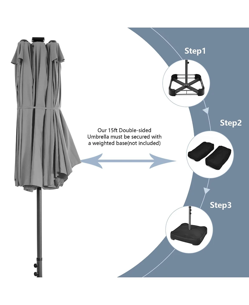 15 Feet Twin Patio Umbrella with 48 Solar Led Lights