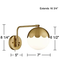 360 Lighting Kelowna Modern Swing Arm Wall Lamps Set of 2 Brass Metal Plug-in Light Fixture Globe Glass Shade for Bedroom Bedside Living Room Reading
