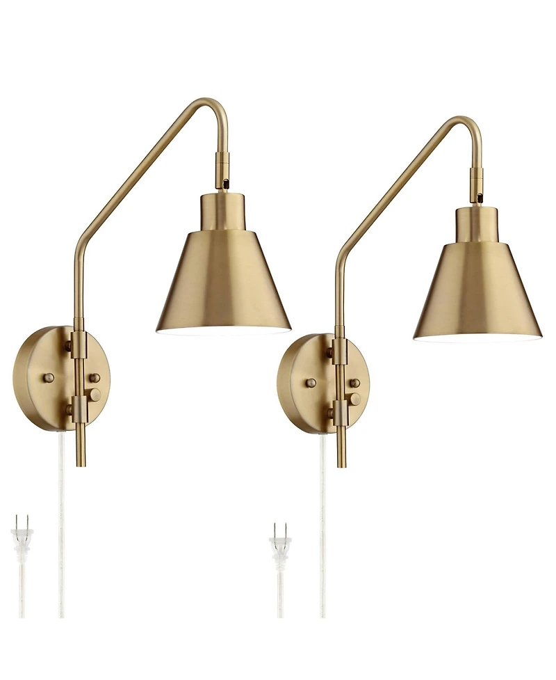 Marybel Modern Adjustable Swing Arm Wall Lamps Set of 2 Brass Gold Plug-In Light Fixture Tapered Cone Metal Shade for Bedroom Bedside House Reading Li