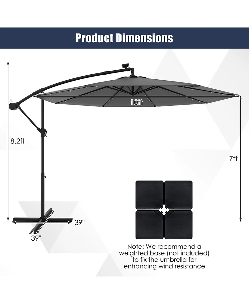 10 Feet Solar Offset Hanging Umbrella with 40 Lamp Beads and Solar Panel