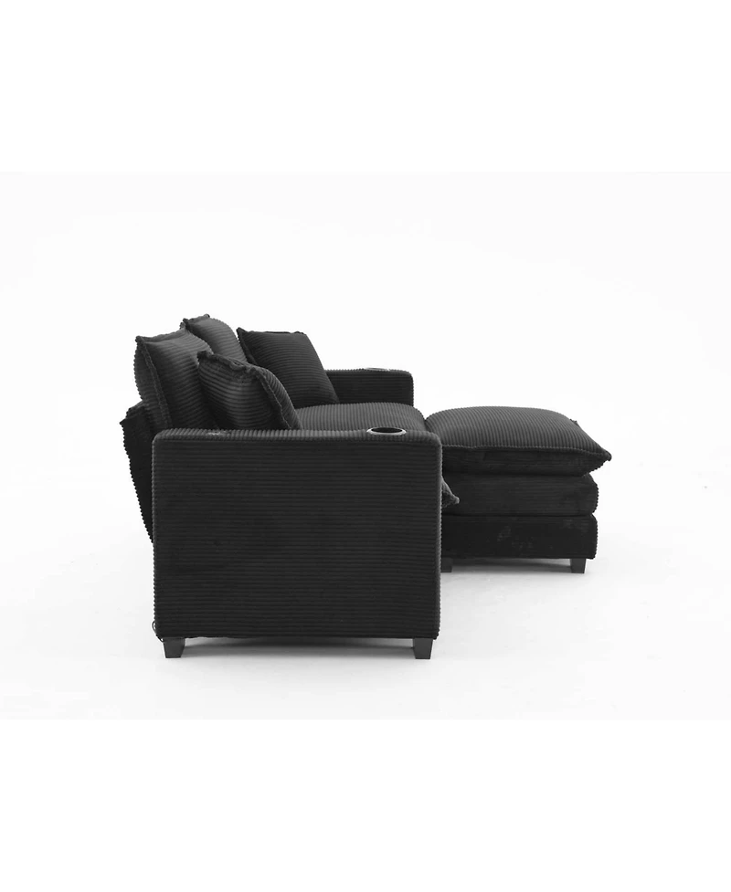 Streamdale L Shape Corduroy Sofa w/ Usb, Cup Holder, Footstool - Black