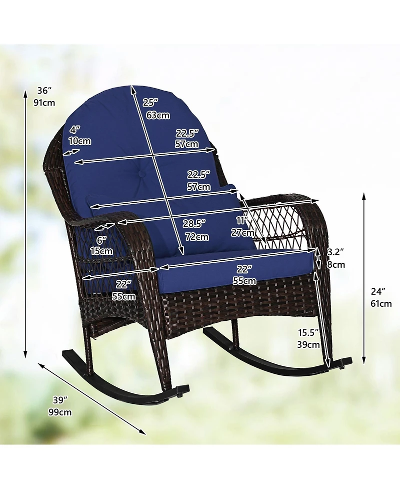 Patio Rattan Rocking Chair with Seat Back Cushions and Waist Pillow-Navy