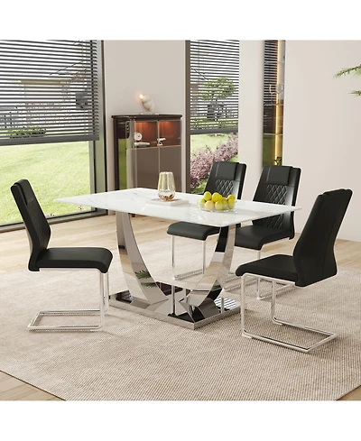 Modern Glass Dining Set: Marble Top Table & 4 Black Pu Chairs