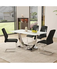Modern Glass Dining Set: Marble Top Table & 4 Black Pu Chairs