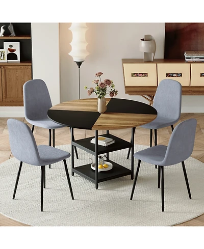 Streamdale 47" Round Dining Set Table with Storage & 4 Gray Linen Chairs