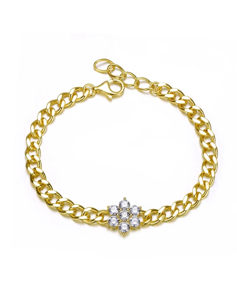 14K Gold Plating with Clear Cubic Zirconia Flower Bloom Bracelet