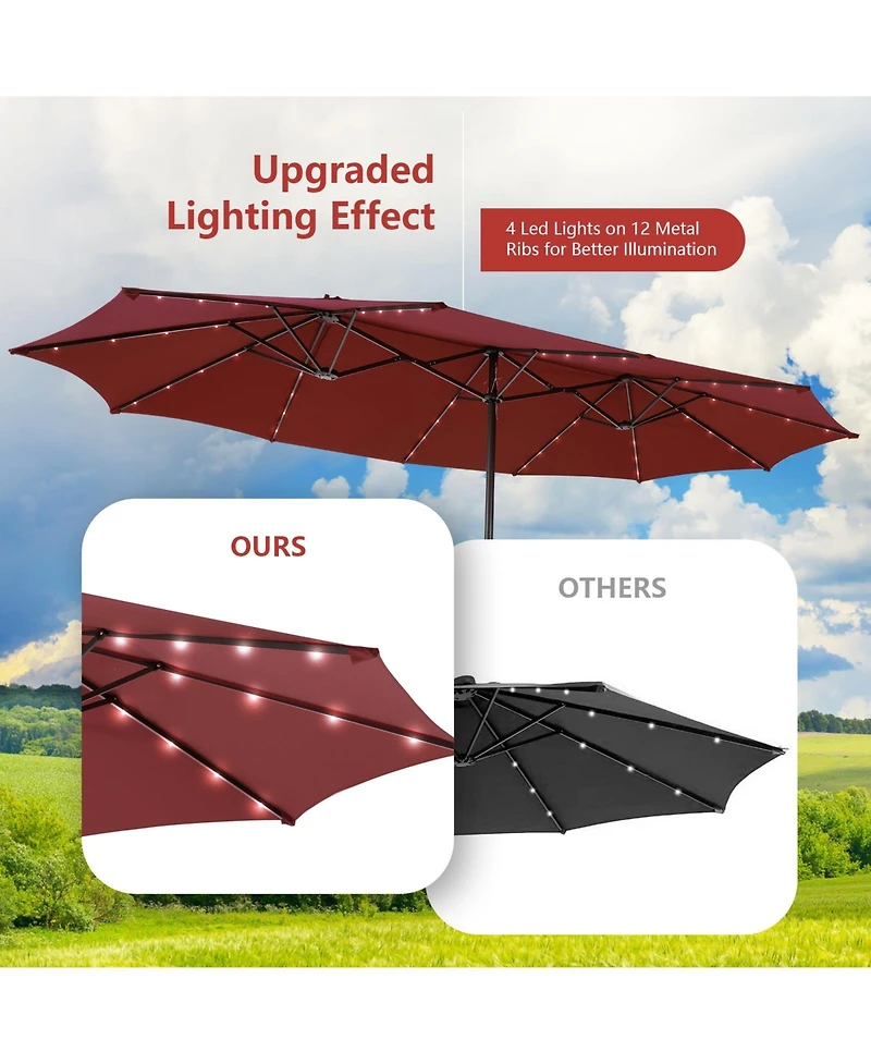 15 Feet Double-Sided Patio Umbrella with 48 Led Lights-Dark Red