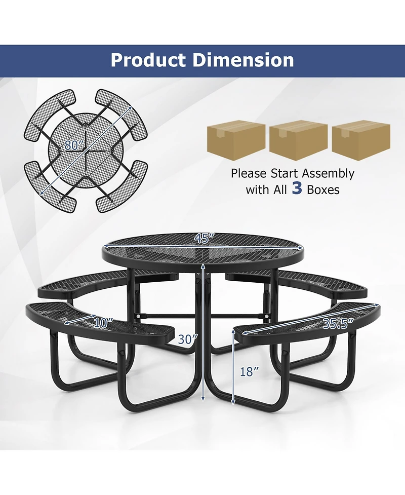 45 Inches Outdoor Round Picnic Table and Bench Set for 8 with Umbrella Hole-Black
