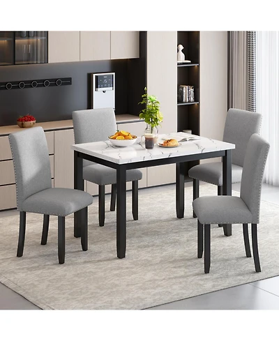 Streamdale Faux Marble 5-Piece Dining Set Table with 4 Thicken Cushion Chairs Home Furniture, White/Light Gray+Black
