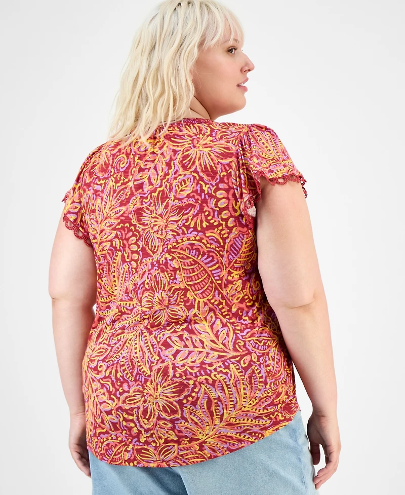 Democracy Trendy Plus Printed Flutter-Sleeve Top