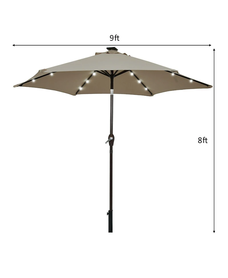 9 Feet Solar Led Lighted Patio Market Umbrella Tilt Adjustment Crank Lift-Tan