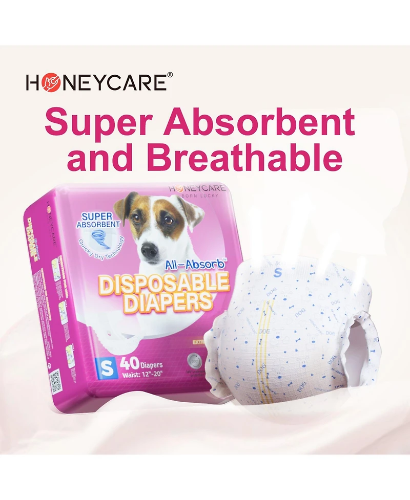 HoneyCare All-Absorb Disposable Female Dog Diapers, Super Absorbent, Breathable, Wetness Indicator, Small, 12-20 inches, 80ct