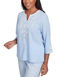 Alfred Dunner Petite Embroidered Split-Neck 3/4-Sleeve Top