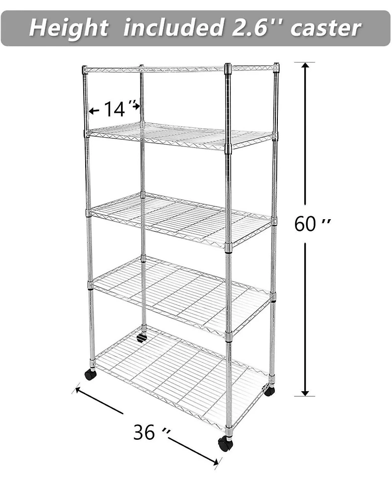 Simple Deluxe 5-Shelf Shelving with Wheels Steel Organizer 36"Wx14"Dx60"H Chrome