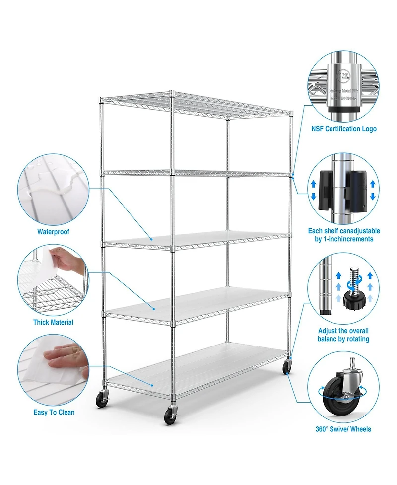 5 Tier 7500lbs Heavy Duty Adjustable Storage Rack Metal Shelf Wire Shelving Unit with Wheels & Shelf Liners - 82" H x 60" L x 24" D