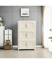 Streamdale White Folding Storage Cabinet, 3 Tiers, Collapsible Bins, Wheels