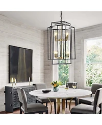 Streamdale 8-Lights Black & Gold Lantern Tiered Pendant Light Fixtures, Industrial Farmhouse Hanging Chandelier (No Bulbs)