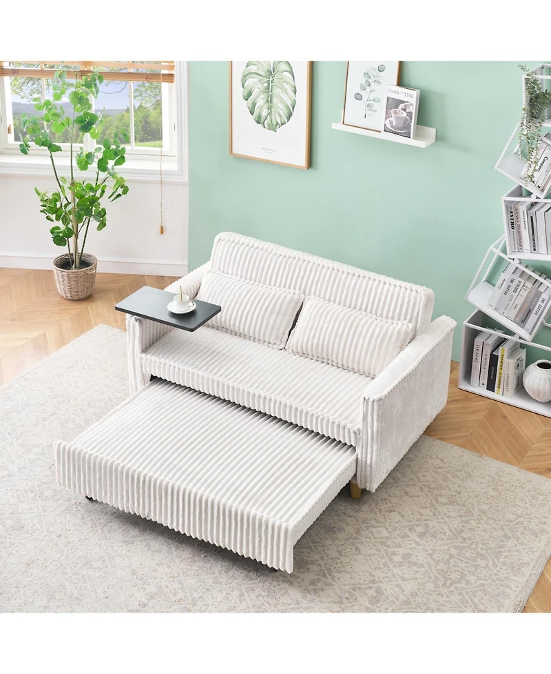 Streamdale Beige Corduroy Pull-Out Sofa with Tabletop and Usb Ports