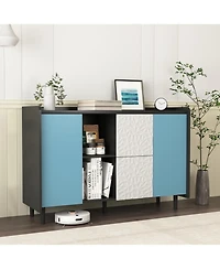 Streamdale Furniture Black Buffet Cabinet with Blue Doors, Unique Paneling