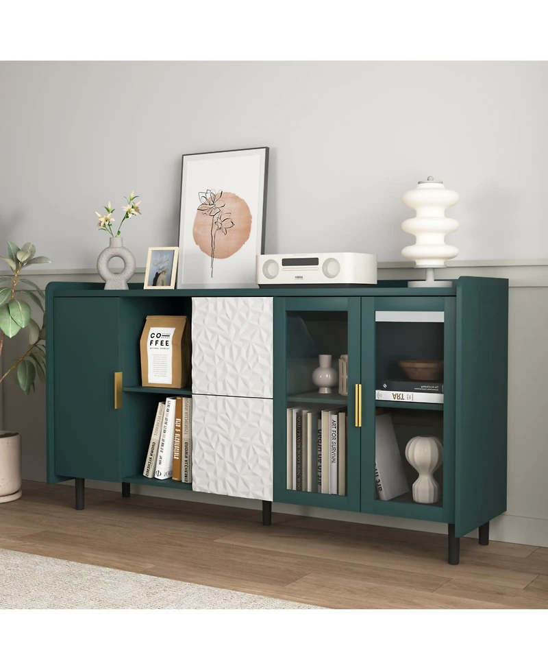 Streamdale Green Kitchen Storage Cabinet with Drawers, Shelves, Glass Doors
