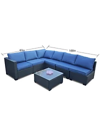 Streamdale Seven-Piece Black Rattan Outdoor Sofa Set w/ Blue Cushions