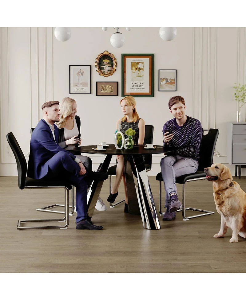 Streamdale Round Table and 4 Black Chairs with Silver Metal Legs, Sintered Stone Tabletop