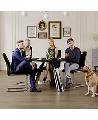 Streamdale Round Table and 4 Black Chairs with Silver Metal Legs, Sintered Stone Tabletop