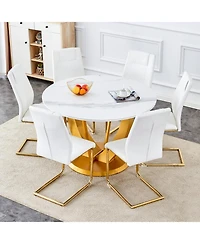 Streamdale Snow Mountain White Slab Dining Set with 6 Pu Chairs