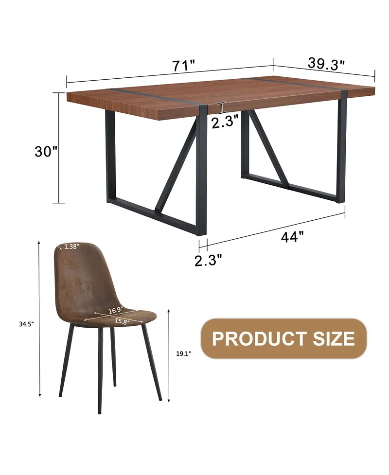 Industrial Walnut Dining Set: 71" Table + 8 Brown Chairs