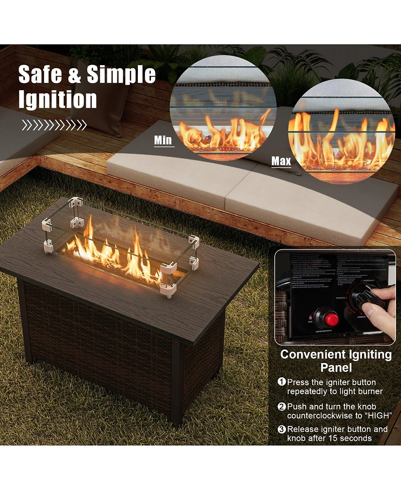 50000 Btu 2 Inch ropane Gas Fire Pit Table with Wind Guard and Glass Rocks-Brown