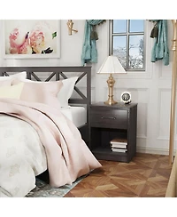 Wooden Nightstand with Drawer and Open Storage Compartment