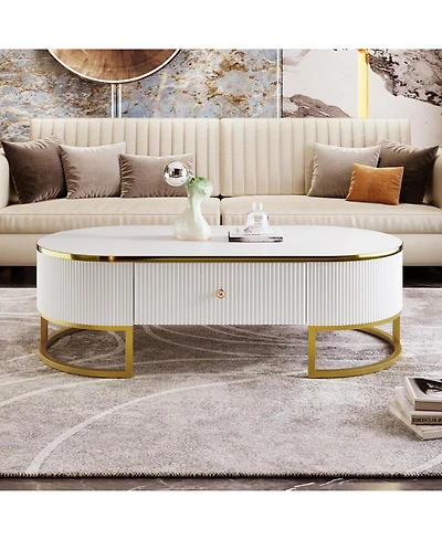 Streamdale Modern Oval Coffee Table with Drawers,Curved Profile Design, Gold Metal Decor, Center Table for Living Room in 47.2"