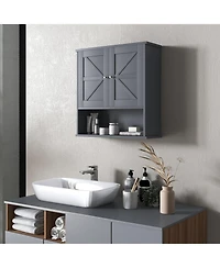 Farmhouse Bathroom Wall Cabinet, Wall Mounted Medicine Cabinet with Open Shelf & Adjustable Shelf, Storage for Laundry Room, Gray