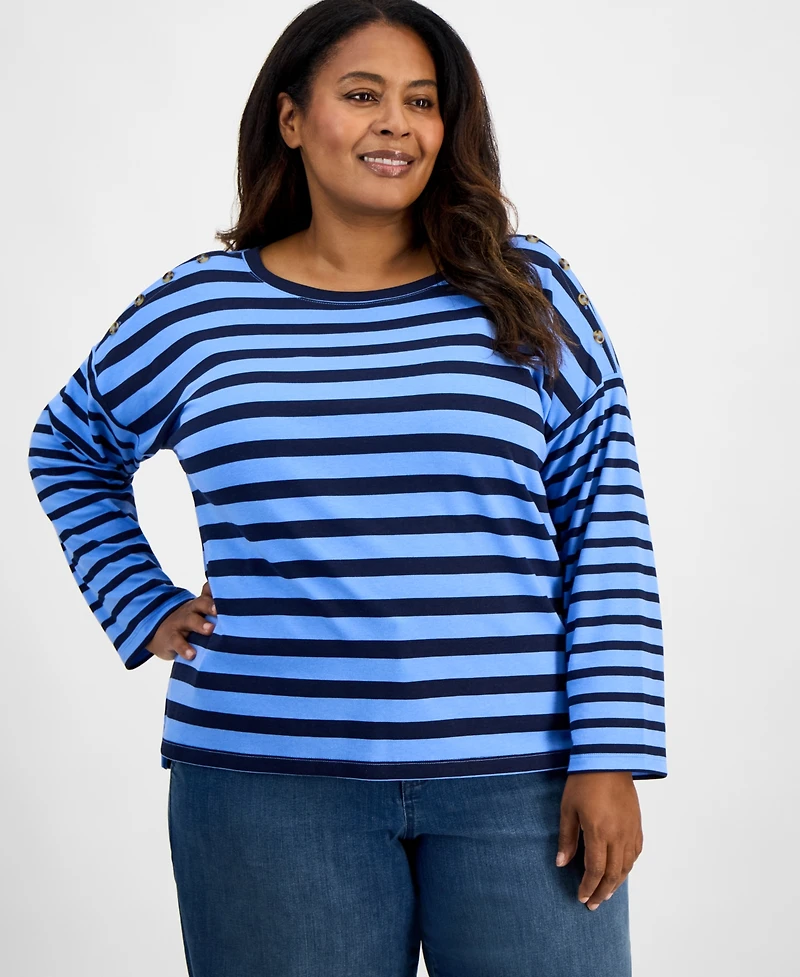 Style & Co Plus Button-Trim Striped Knit Top, Macy's Exclusive