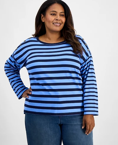 Style & Co Plus Button-Trim Striped Knit Top, Macy's Exclusive