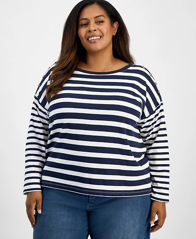 Style & Co Plus Button-Trim Striped Knit Top, Macy's Exclusive