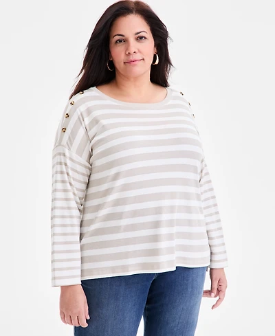 Style & Co Plus Button-Trim Striped Knit Top, Macy's Exclusive