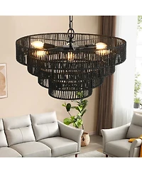Streamdale 4-Tier Black Hemp Rope Chandelier with 6 Sockets, Ul Listed Hardwired Pendant Light