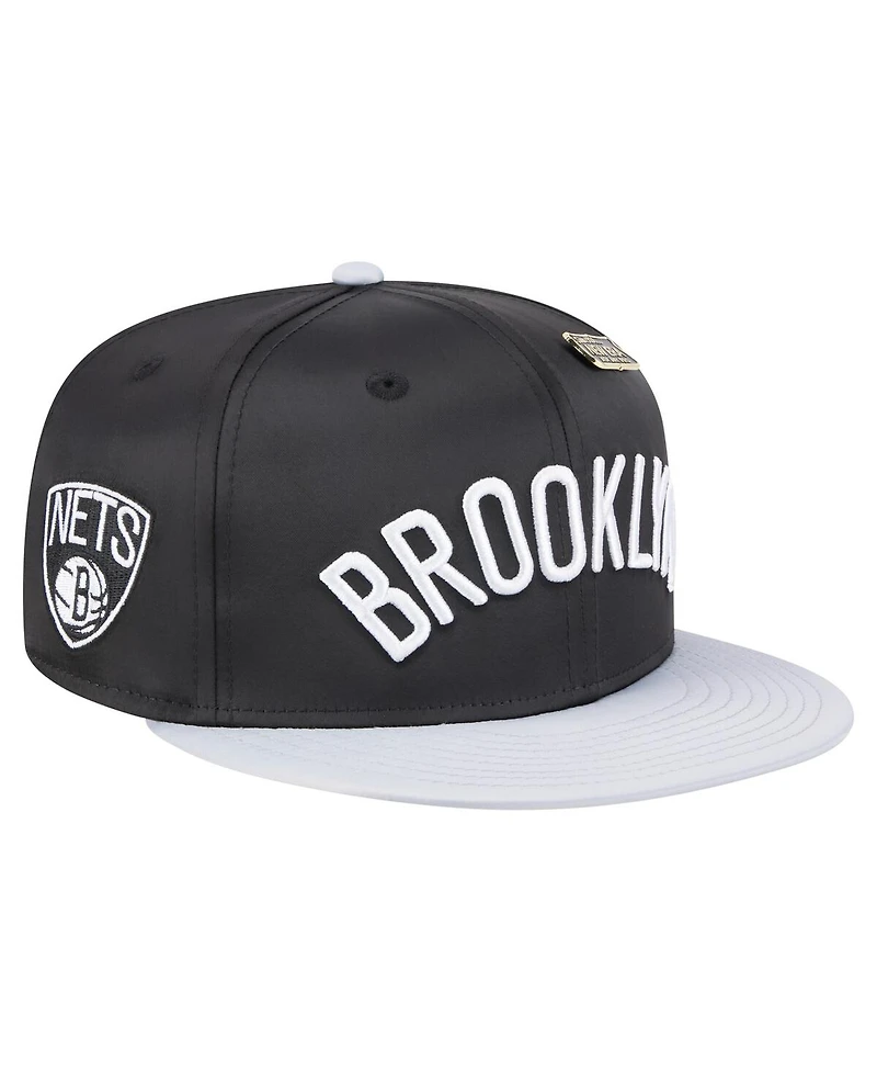 New Era Men's Black/Gray Brooklyn Nets Throwback Satin Vintage Pin Two-Tone 59FIFTY Fitted Hat
