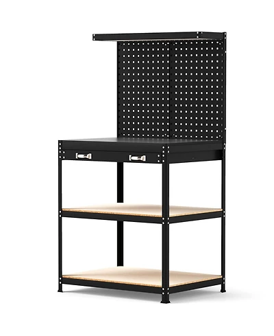 32 x 16 Inch Workbench Work Table with 2 PCs Pegboard Drawer and Shelves-Black