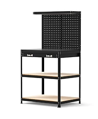32 x 16 Inch Workbench Work Table with 2 PCs Pegboard Drawer and Shelves-Black