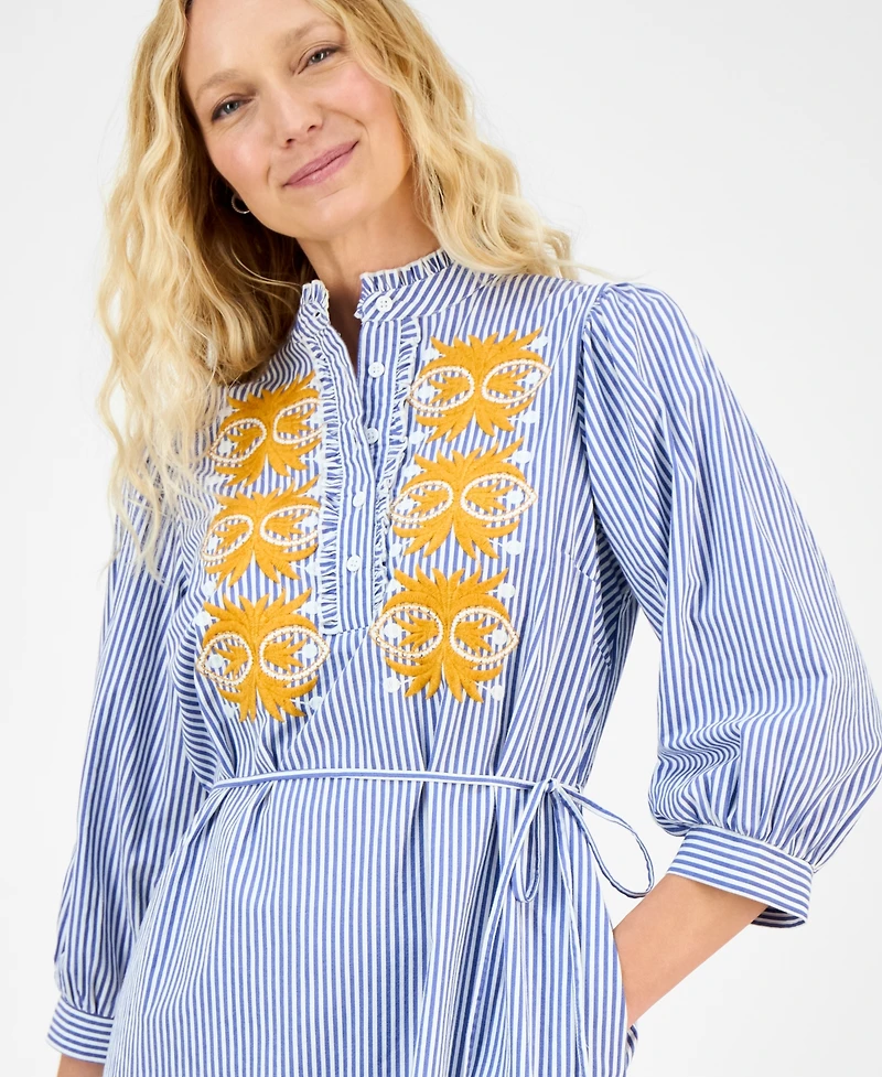 julia jordan Women's Striped Embroidered Tie-Waist Dress