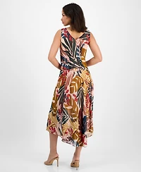 Robbie Bee Women's Printed Draped-Neck Asymmetric Dress