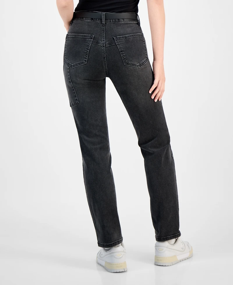 Dollhouse Juniors' Western Belt Relaxed Straight-Leg Jeans