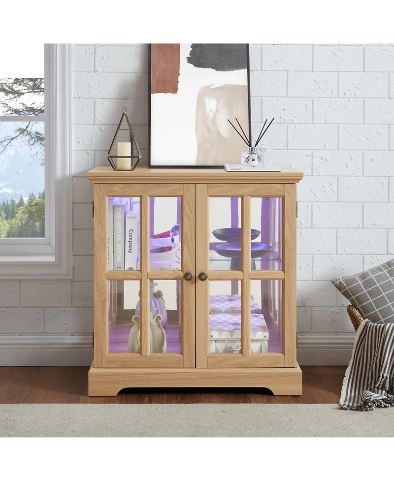 Streamdale Antique Led Curio Display Cabinet, Adjustable Shelves, Lattice Doors, Oak Showcase