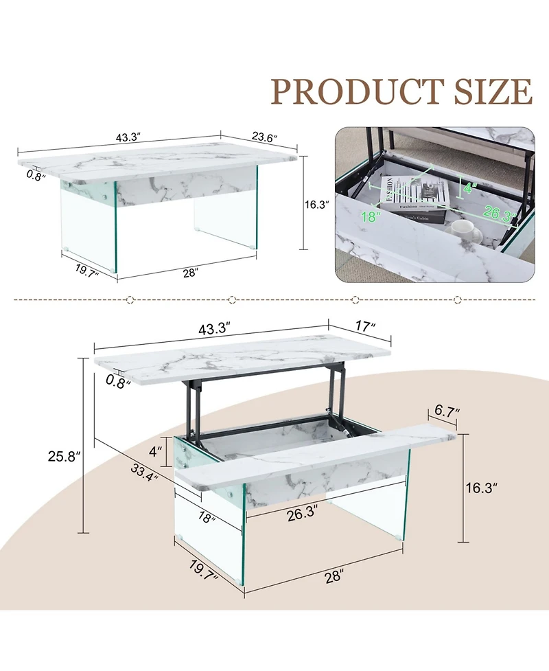 Streamdale Multifunctional Lift Top Coffee Table with Modern Marble Pattern and Tempered Glass Legs