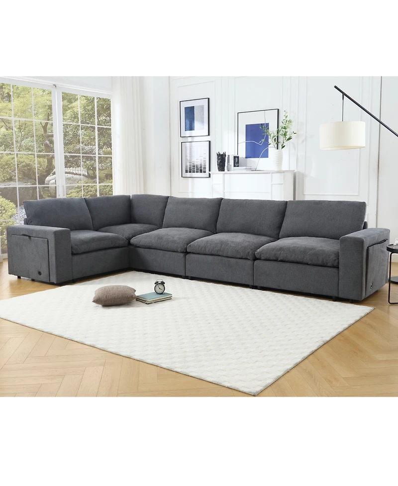 Streamdale Gray Modular Sectional Sofa with Wireless Charging, Cup Holders, Book Storage